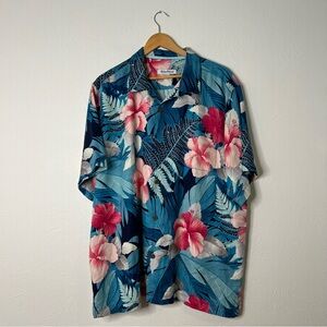 Tommy Bahama Silk Blue and Pink Button Down Shirt with Floral Print size XL